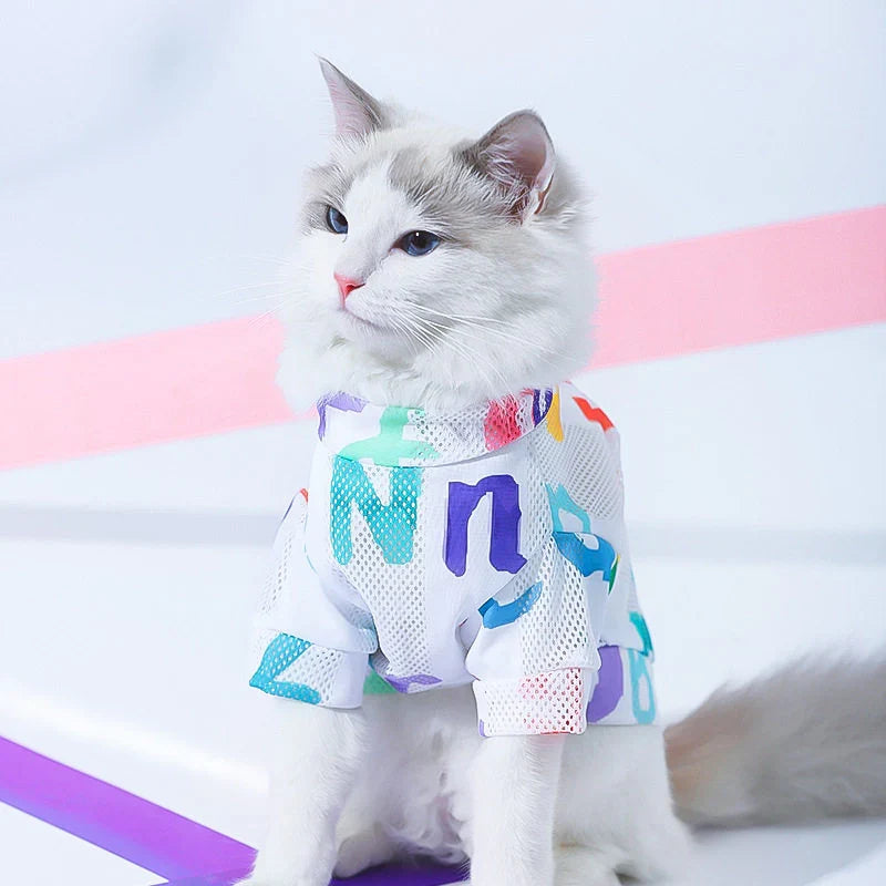 Camiseta de malla para gatos transpirable para verano, control del pelo